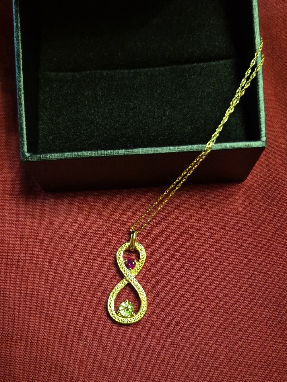 New Birthstone Couples Infiniry Neckalace July August Stones 18in Chain 10k Gold - Picture 2 of 8